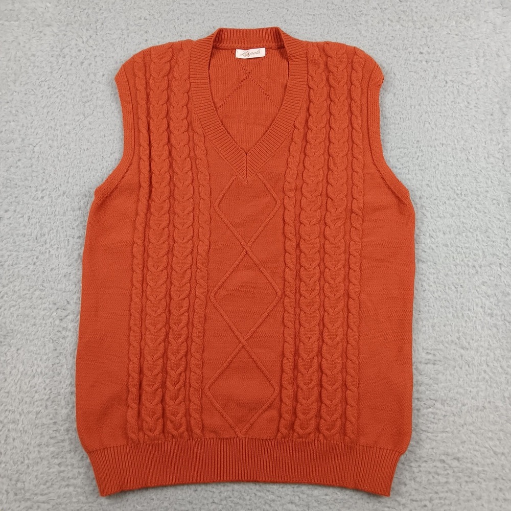 Hypels Sweater Vest Mens Medium Burnt Orange Cable Knit Argyle V-Neck Sleeveless